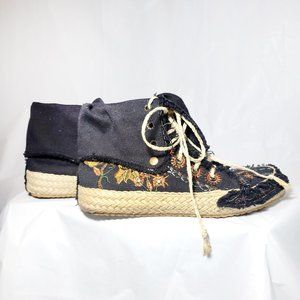 Black Canvas Embroidered Floral Laceup Twine Indie Bohemian Vintage Y2k Boots